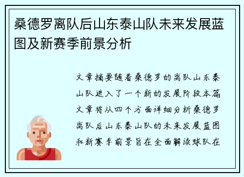 桑德罗离队后山东泰山队未来发展蓝图及新赛季前景分析